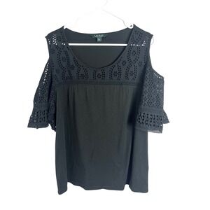 Lauren Ralph Lauren Black Cold Shoulder Eyelet‎ Sleeve Top Sz XL Short Sleeve